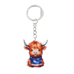 Acrylic Highland Cow keychain with American flag scarf for Independence Day party favors