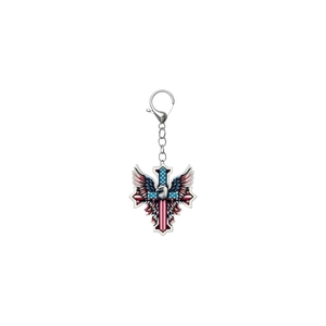 Detail of eagle and American flag cross keychain with lobster clasp and silver chain
