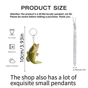 Flat acrylic bass fish keychain pendant with metal ring and 10cm height dimension
