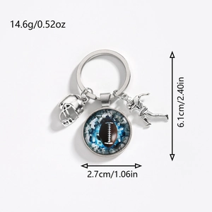 Creative American football keychain with silver helmet, player and glass ball pendant