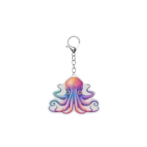 Détail d'un porte-clés pieuvre en acrylique 2D avec dégradé coloré et fermoir mousqueton argent