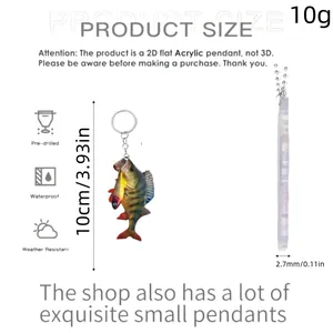 Detailed size chart for 2D flat acrylic fish pendant with height and thickness metrics