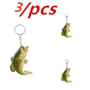 Set of 3 realistic acrylic largemouth bass fish keychains with silver metal rings
