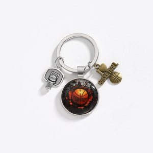 Detailed basketball keychain featuring a 3D net pendant and I Love Basketball metal charm