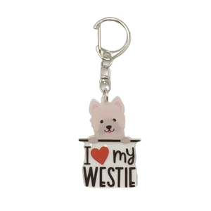 Cartoon Westie dog acrylic keychain with I Love My Westie sign and a metal D-ring clasp
