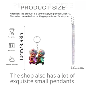 Detailed view of 2D acrylic granny ornament showing dimensions 10cm height and 2.7mm thickness