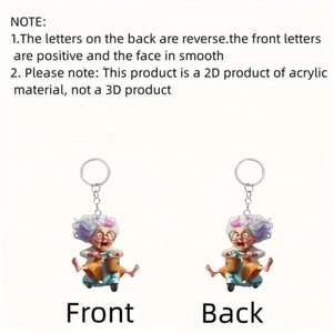 Detailed front and back view of 2D acrylic keychain featuring funny grandma on scooter