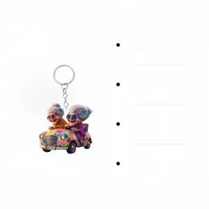 Detail of UV printed acrylic pendant showing two stylish elderly women in a floral car