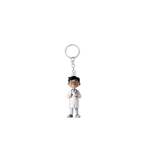 Detail view of 3D cartoon male doctor keychain with white lab coat and stethoscope