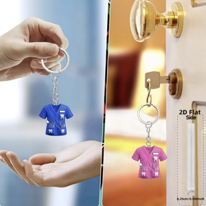 Detailed 2D acrylic dental scrubs keychain showing 0.25cm thickness and usage scenarios