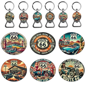 Classic Route 66 bottle opener keychains in zinc alloy with vintage round glass pendants
