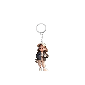 Detail of cute acrylic girl keychain with silver metal ring on a clean white background
