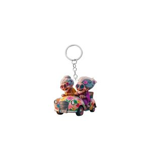 Funny acrylic keychain with two grandmothers in floral car and silver metal ring