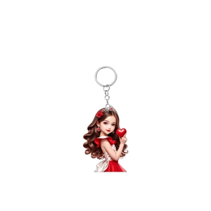 Detailed macro view of 2D acrylic keychain featuring a cute cartoon girl with silver metal ring