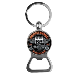 Zinc alloy Route 66 keychain with built-in bottle opener and vintage round glass emblem