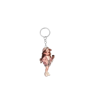 Detailed close-up of a 2D acrylic keychain featuring a cute girl with a coffee cup and pink jacket