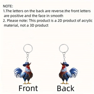 2D acrylic keychain featuring a cute rooster with denim vest and hat, front and back views