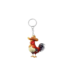 Detail of cute 2D acrylic cowboy rooster keychain with vibrant colors and silver chain
