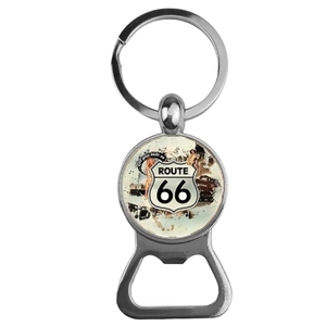 Classic Route 66 keychain bottle opener with vintage zinc alloy and round glass art