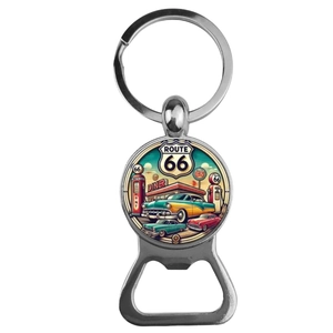 Classic Route 66 keychain bottle opener with vintage car illustration on white background