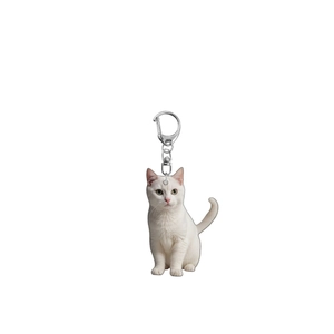 Simpatico portachiavi a forma di gatto bianco in acrilico con stampa 2D e chiusura in metallo