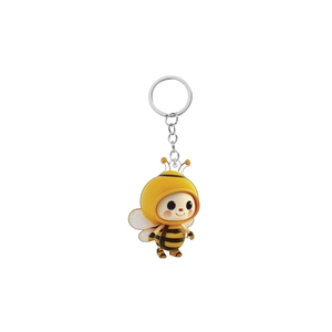 Close-up of cute cartoon bee keychain with double-sided 2D design and silver metal ring