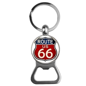 Detail of metal Route 66 keychain bottle opener with vintage shield logo in red, white and blue