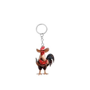 Detailed macro of a 2D acrylic cartoon cowboy rooster pendant keychain with silver ring