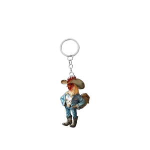 Close-up of 2D acrylic cowboy rooster keychain with a detailed printed western outfit