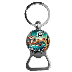 Detail of Route 66 bottle opener keychain featuring vintage blue car and desert scene