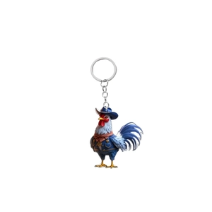 Close-up of cute 2D acrylic cowboy rooster keychain with silver ring and chain