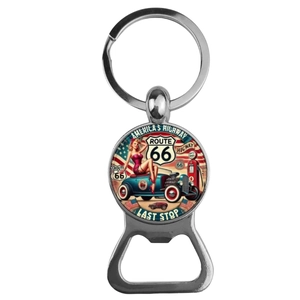 Detail of Route 66 keychain bottle opener with vintage American highway car design