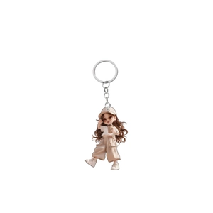 3D cartoon girl keychain with sun hat and coffee cup on a silver metal ring