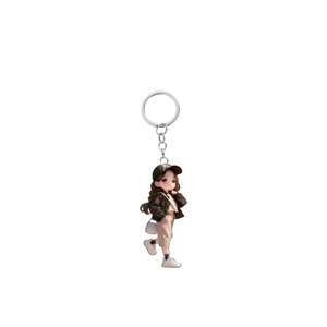 Cute 2D acrylic cartoon girl keychain featuring a stylish outfit and silver metal ring