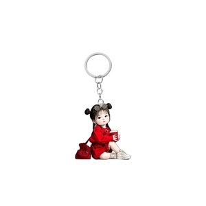 Cute acrylic 2D girl keychain with red dress and coffee cup for backpacks