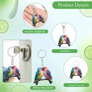 Detail showing acrylic parrot keychains with vibrant bird shapes and metal rings