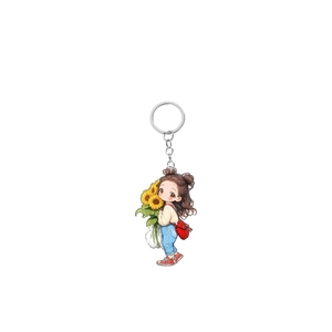 Cute 2D acrylic keychain featuring an anime girl holding sunflowers on a white background