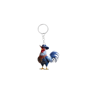 Cute cowboy rooster 2D acrylic keychain with blue hat and scarf for Christmas tree decor