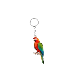Detailed view of colorful acrylic macaw parrot keychain with durable silver metal ring