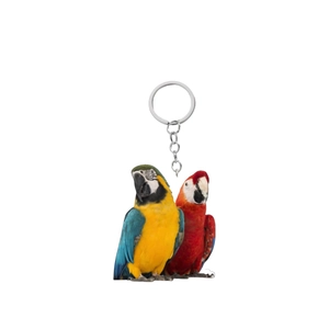 Detailed macro view of acrylic macaw parrot keychain with vibrant colors and silver ring