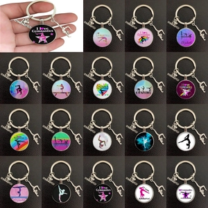 Gymnastics Theme Metal Keychain With Gymnast Silhouette Glass Cabochon And Heart Charm Inspirational Sporty Key Ring Gift