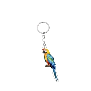 Detailed macro of the vivid acrylic parrot keychain with polished silver metal link