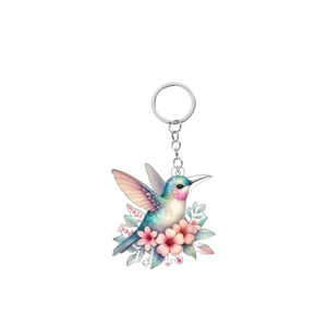Acrylic hummingbird keychain featuring colorful flowers and durable silver metal ring