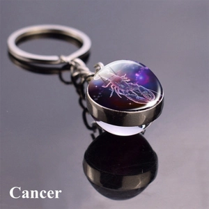 Detail of double-sided glass ball keychain featuring Cancer zodiac constellation sign
