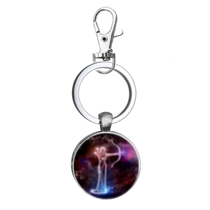 Detail of silver metal zodiac keychain with Sagittarius glass dome on white background