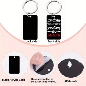 Detail of black acrylic keychain with inspirational text and protective back film