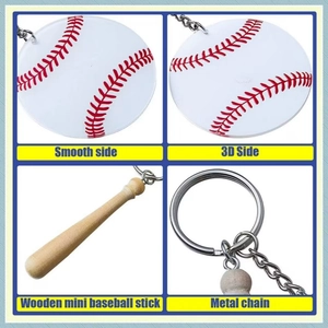 Baseball keychain set with acrylic ball charm and mini natural wooden bat accessory