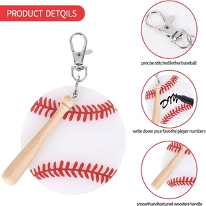 Detail of DIY baseball keychain kit with wooden bat and customizable leather tag
