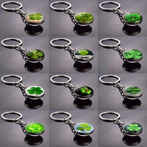 Lucky Four Leaf Clover Glass Ball Keychain Alloy Time Gem Double Sided Pendant Metal Keyring Lucky Charm Bag Car Accessories