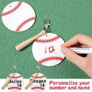 Detail of DIY baseball keychain with mini wooden bat and acrylic tag for custom names